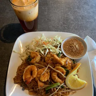 Pad Thai with Shrimp and Thai Tea