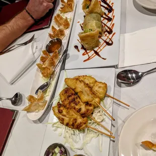 Chicken Satay, Crab Rangoon and Duck Roll