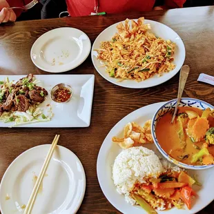 Tiger cry beef, Pad Thai Chicken and Panang Curry Vegetable