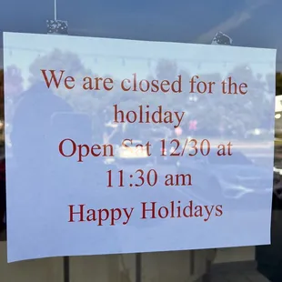 Closed for the holidays till 12/30/23