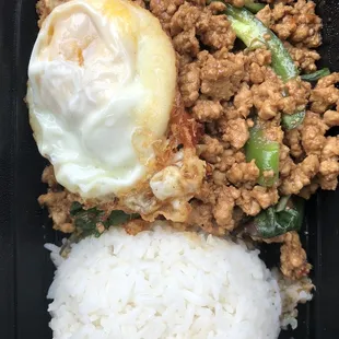 Pork Basil thai style with fried egg