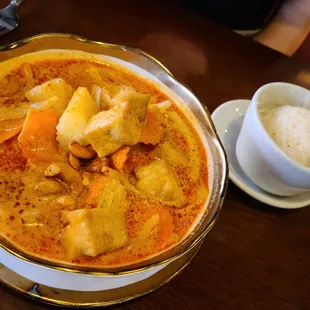 Mussaman Curry Dinner with tofu &amp; white rice. My daughter&apos;s favorite!