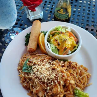 Linch special. Pad Thai w chicken, spring roll salad with ginger dressing