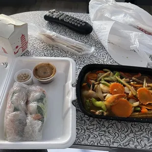 A12. Summer Roll &amp; E15. Pad Prik (with seafood).