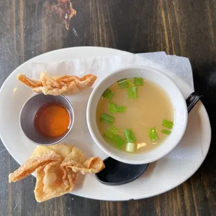 Crab Rangoon and miso tofu soup as part of the lunch special