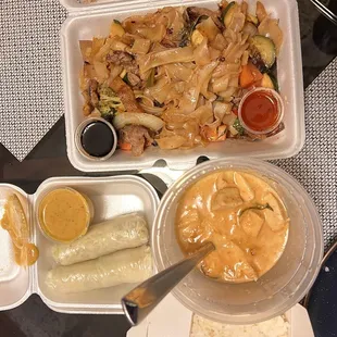 Fresh Spring rolls with an amazing and different peanut sauce Penang Curry Chicken Pad Kee Moew Beef