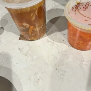 Not sure what this is but I know that it's not egg drop soup and hot and sour soup!