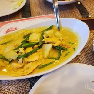 Yellow curry asparagus chicken - very nicely done - fresh, clean tasting