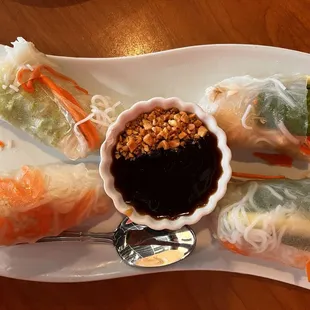 Vegetarian spring rolls with a sauce that Gloria wanted to drink like soup - so good!