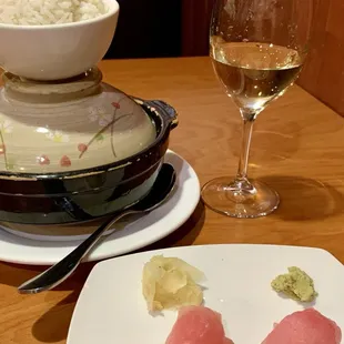 Tuna nigiri , green curry with rice and shrimp  and Chardonnay