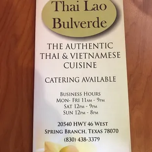 Menu cover with hours