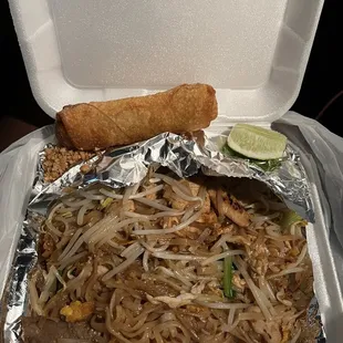 Combination pad Thai with egg roll