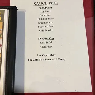 Sauce prices (Yelp limit 10 photos but menu prices in restaurant is same as online order)