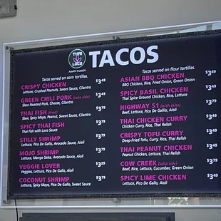 the menu of a tacos restaurant
