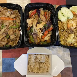 49 - Spicy Eggplant,  59 - Pad See Lew,  77 - Pineapple Fried Rice.