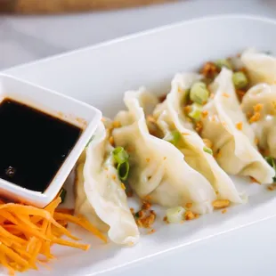 a plate of dumplings with a dipping sauce