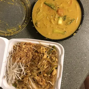 Chicken pad Thai and vegetable yellow curry