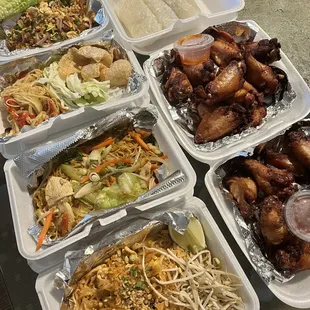 Pad Thai, Pad Mei, Papaya Salad, Nam Khao, Chicken Wings, Sticky Rice.