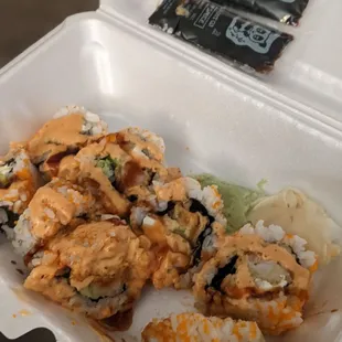 Warm masago roll. With extra wasabi. See it in the back?