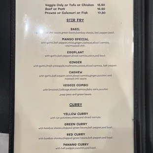 Lunch specials, stir fry and curry menu