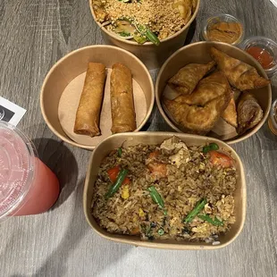 Basil Fried Rice, Pad Thai Noodles, Crispy Spring Roll (2pcs), and Ceam Cheese Wontons.