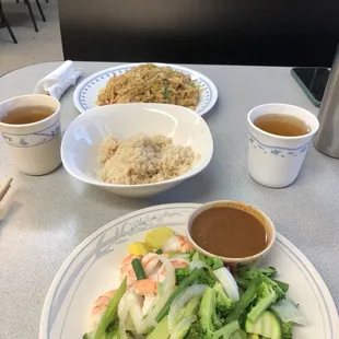 Steamed vegetables in the front, Pad Thai in the back