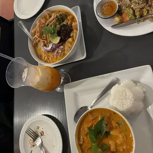 Khao Soi (top left), Thai Mint Fried Rice (top right), Pineapple Red Curry (bottom right)