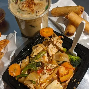 Drunken noodles, green curry, Thai egg rolls