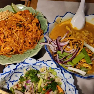 Pad thai, yellow curry noodle and chicken laab
