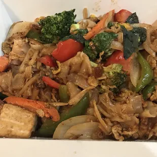 Pad kee mao (Drunken Noodle) w/ soft tofu and veggies Yummm  my favorite! I have it 2 days in a row.