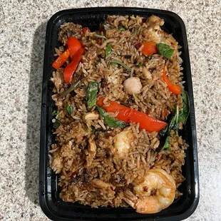 Spicy Basil Fried Rice with Shrimp and Chicken