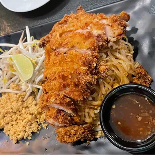 Pad Thai with perfectly fried chicken to die for
