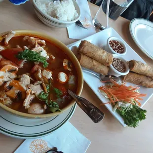 Tom yum soup with chicken (order without chicken) and yummy egg rolls