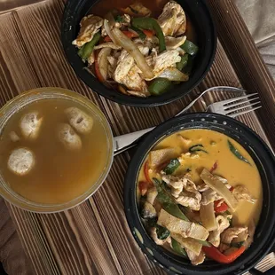 Tom yum, red curry, and chicken pad prik p.