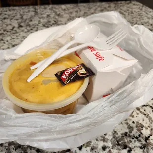 Perfect takeout packaging 10-3-23. Looking forward to trying the surprise candy during the day, just in case it has caffeine. Haha