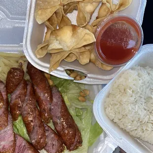 Thai BBQ Sausages, 6 Pieces Fried Wontons, sticky rice