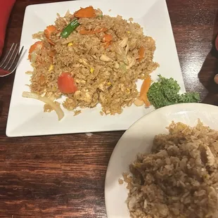 a plate of fried rice and a plate of broccoli
