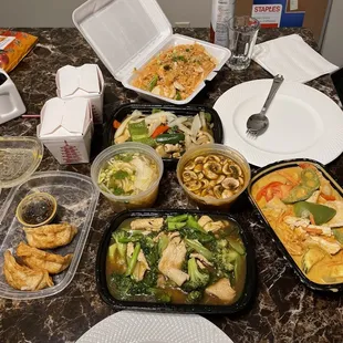 From top down; chicken pad Thai, chicken basil, hot beef soup, shrimp soup, chicken dumplings, chicken rad nah, and chicken masaman curry