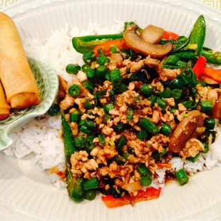 a plate of food with rice and vegetables