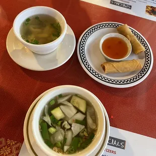 Soup (miso and vegetable) and spring rolls appetizers