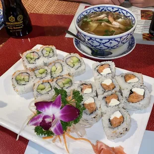 California roll, salmon cream cheese roll, and wonton soup