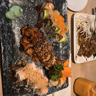 Pad See Ew, pink ocean, crispy roll, fire dragon