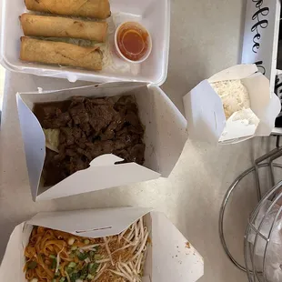 Egg rolls, pepper steak (no veggies), and chicken pad Thai