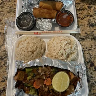 Pad See Ew with Tofu, Eggrolls and Fried Rice