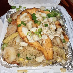 Salmon, Crab, and 5 Shrimp Fried Rice