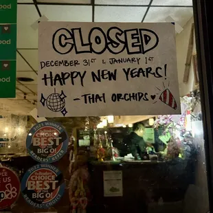 Closed for New Year's Eve and New Year's Day