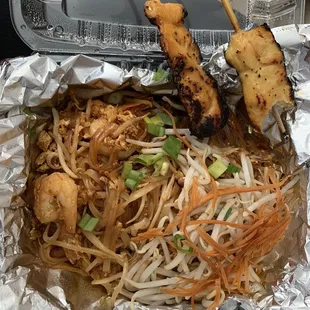 Shrimp Pad Thai with Chicken Satay