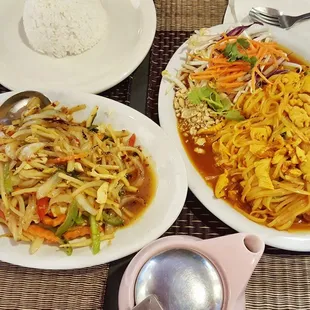 Thai basil, chicken pad Thai and Jasmine tea