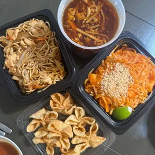 Chicken Lo Mein, Shrimp Pad Thai, Hot and Sour Soup, and Crab Wontons
