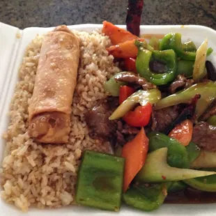 Lunch special:  Szechuan beef with fried rice and eggroll.